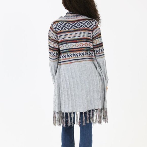 NWT Angie Gray Bohemian Fringed Open Front Cardigan Sweater - Picture 2 of 4